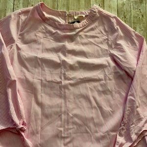 Pink and white stripes blouse with tie sleeves and button clasp collar.